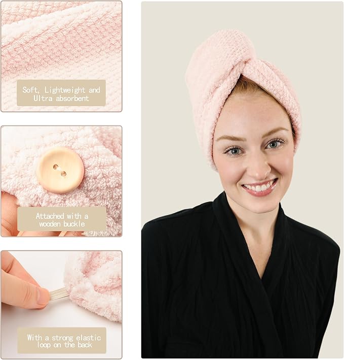 ROLSHOL Extra Large 4 Pack Microfiber Hair Towel Wrap for Women Super Absorbent & Quick Dry Hair Drying Towels with Button, Hair Turbans for Curly Hair Long & Short Hair - Anti-Frizz (Pink Pinstripe)