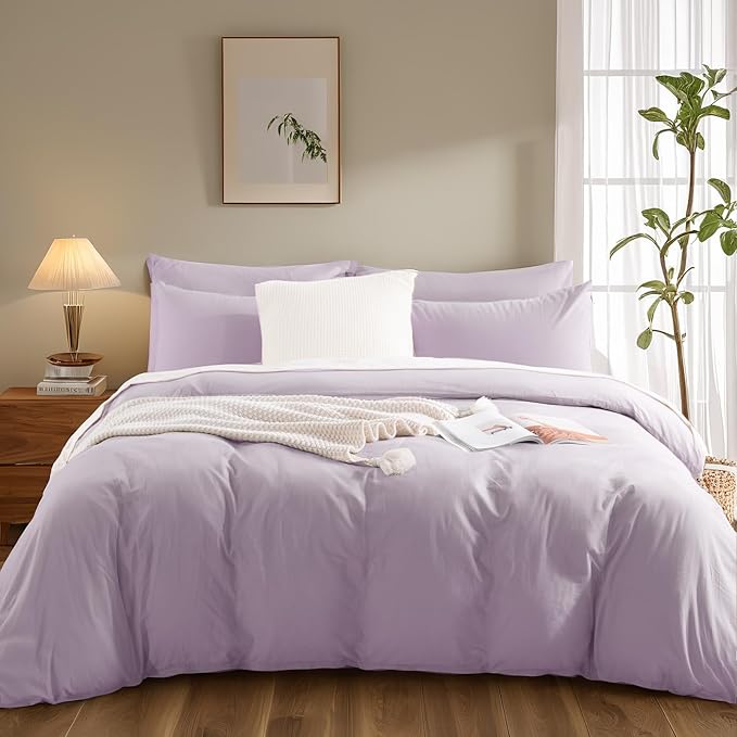NEXHOME PRO Duvet Cover Set 100% Washed Cotton Kids Twin XL 66"x92", Organic Natural Linen Like Textured 2 Pieces Bedding Set Lavender Lilac with Zipper Closure, Corner Ties, Breathable (No Comforter)