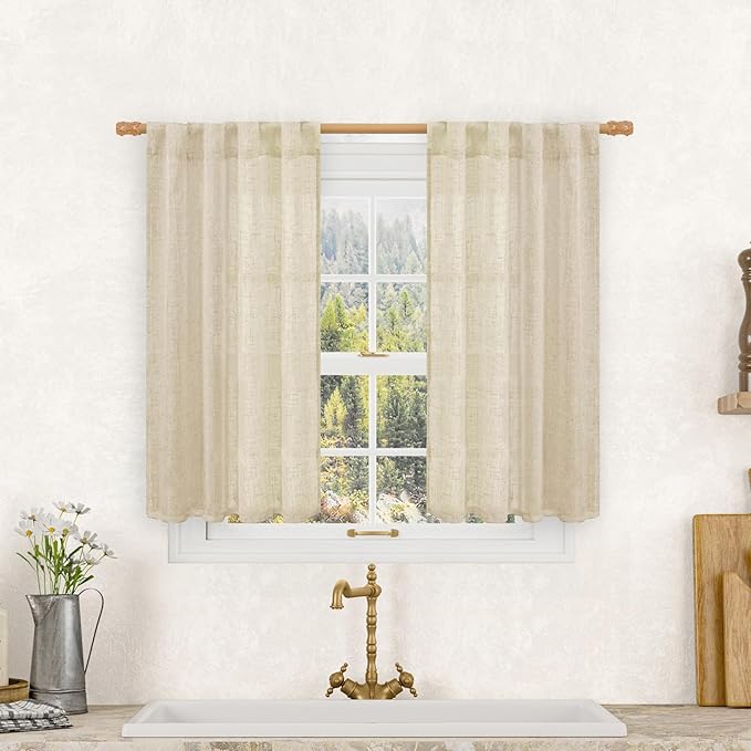 LAMIT Semi Sheer Linen Curtains 40 Inch Length for Cafe, Light Filtering Panels Back Tab and Rod Pocket Neutral Drapes for Bathroom/Kitchen, 25 x 40 Inch, Linen, 2 Panels