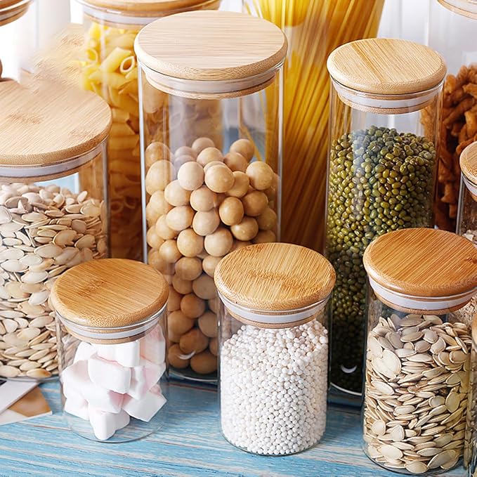 Glass Food Storage Containers with Bamboo Lids Airtight Food Storage Jar Glass Jar Kitchen Canisters for Pasta, Rice, Flour, Sugar(300ml, 65x120mm)