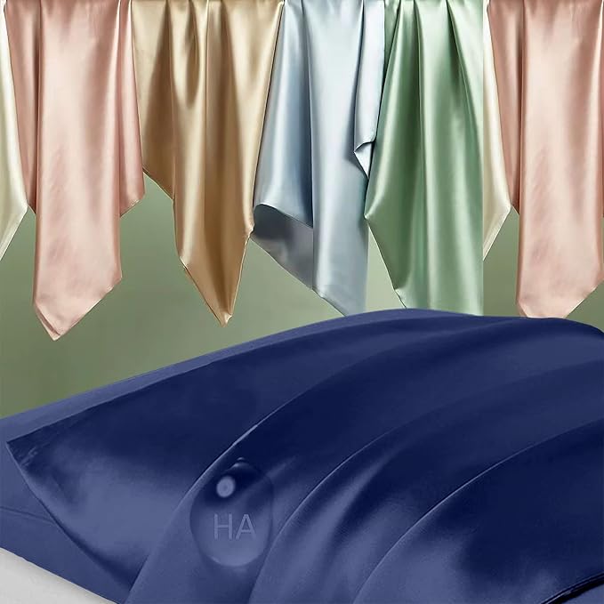 Silk Pillow Cases 2 Pack, Mulberry Silk Pillowcases Standard Set of 2, Smooth, Anti Acne, Beauty Sleep, Both Sides Natural Silk Satin Pillow Cases for Women 2 Pack with Zipper for Gift, Navy Blue