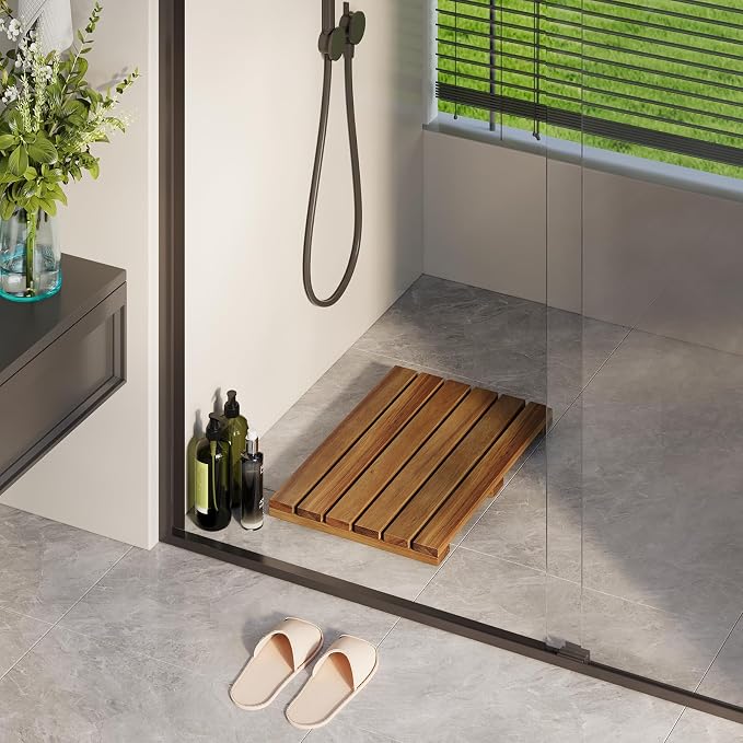 Solid Acacia Wood Shower Mat, Non Slip Bathroom Mat (19.6"×13", Small) Sturdy Floor Mat for Spa Home or Outdoor Shower, Easy to Clean, Quick Drying