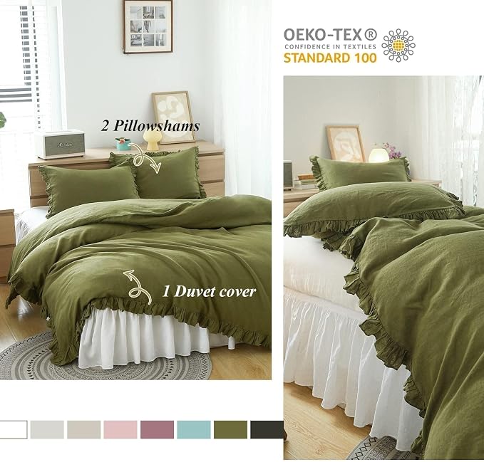Simple&Opulence 100% Linen Duvet Cover Set, 3 PCS Natural French Flax Ruffle Duvet Cover King Size, Breathable Comfy Linen Bedding Comforter Cover with 2 Pillowcases (Olive Green, 104" X 92")