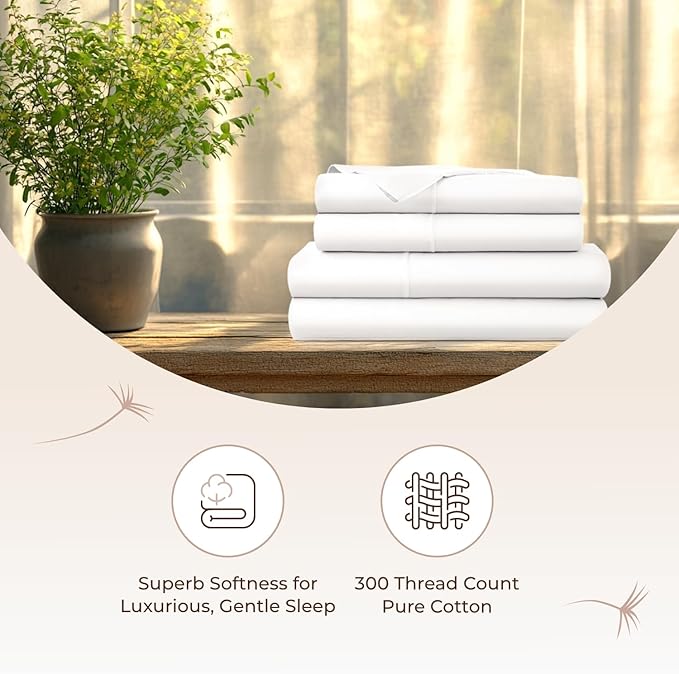 100% Organic Cotton Sheets Twin Size - GOTS Certified Organic Bed Sheets with Deep Pocket 300 Thread Count & Cozy Sateen Weave Gets Softer with Each Wash - Luxury 3 Piece Set (White, Twin)