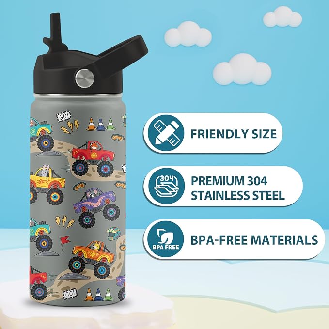 16 oz Water Bottle with Straw Lid, 2 Pack Set, Truck Dinosaur Gifts for Boys Girls, Stainless Steel Insulated Water Bottles for School Travel Outdoor Sports, Truck Dinosaur Cup Birthday Gifts