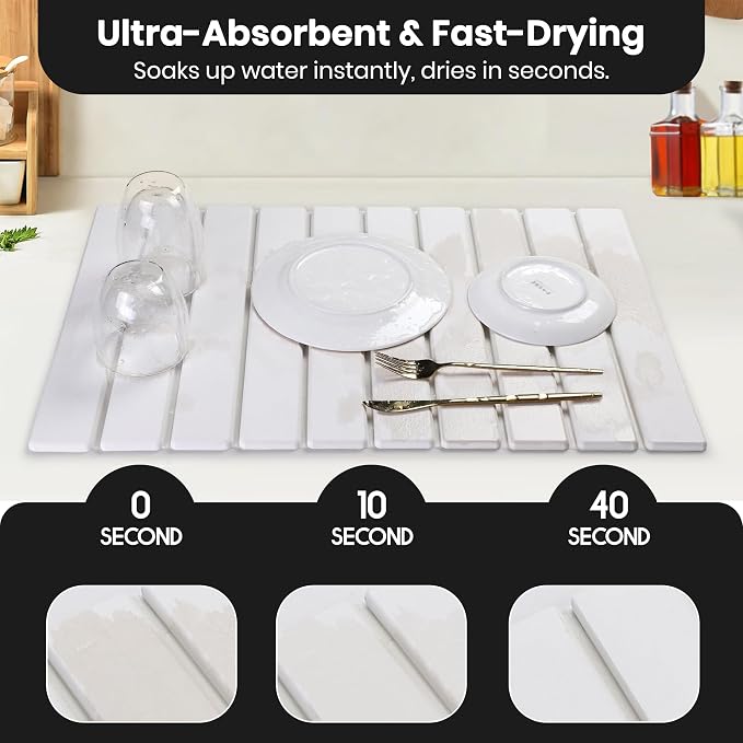 Stone Dish Drying Mat for Kitchen Counter 28" x 16" Quick Dry Diatomaceous Earth Drying Mat Foldable Super Absorbent Non Slip Drying Pad for Dishes Plates Cups Bottles Kitchen Countertop White Marble