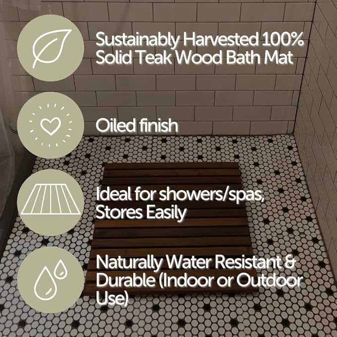 Nordic Style Teak Shower, Bath and Spa Mat | Indoor + Outdoor Use | Non-Slip Wood Platform | Spa, Sauna, Pool, Hot Tub | Luxury Decor (Oiled Finish, 19.6" x 19.6")