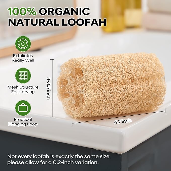 Natural Loofah Sponge 4 Pack, Organic Luffa Sponges Body Scrubber, Exfoliating Loofah Scrubber for Shower, Eco-Friendly Biodegradable Bath Loofahs for Men & Women