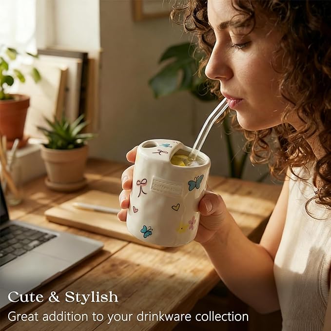 Ceramic Travel Mug with Half Lid, Handmade Butterfly Pottery Mug, Ceramic Coffee Mugs Porcelain Coffee Cup Use for Kitchen Dining Office, White