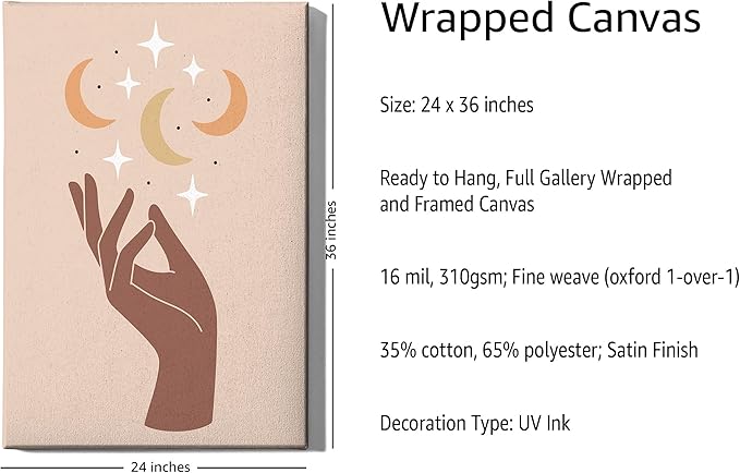 Mystical Hand Wrapped Canvas Wall Art Celestial Moon and Stars Earth Tones Terracotta 24x36 Inch Gallery Stretched Modern Spiritual Home Art Decor