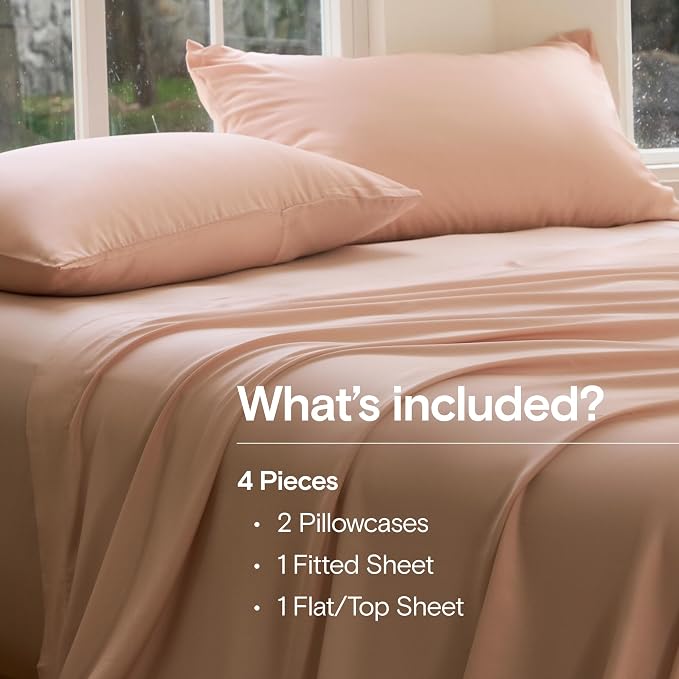DOZ Sheet Set, 100% Viscose derived from Bamboo, Organically Grown, Buttery Soft, Cooling Sheets, High GSM, Deep Pockets - 4 Piece - 2 Pillowcases 1 Fitted 1 Top Sheet (Blush, Full)