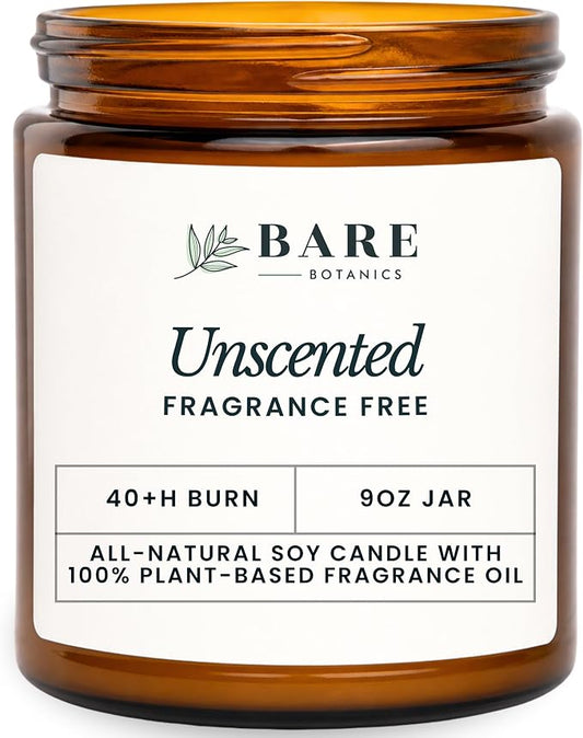 Bare Botanics 9oz Non Toxic Soy Candle Unscented - 40+ Hour Burn | 100% Plant-Based Fragrance Oils | Handpoured in Wisconsin | Clean-Burning Soy Wax
