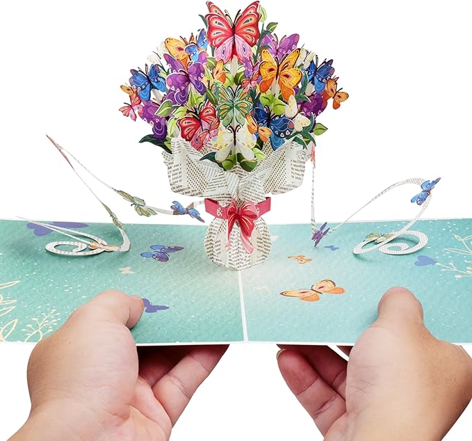Paper Love Frndly, Butterflies Bouquet 3D Pop Up Card, For All Occasion, Mothers Day, Love, Thank You, Just Because -100% Recycled and Eco-Friendly, Handmade, 8" x 6" Cover -with Removable Note Tag