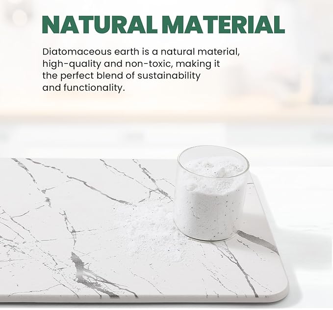 WALL 2 Pack Quick Dry Stone Drying Mat for Kitchen Counter, Water-Absorbent Diatomaceous Dish Drying Mats, Multi-Purpose Stone Drying Tray for Cups Dishes Bottles, Pearl White-Marble