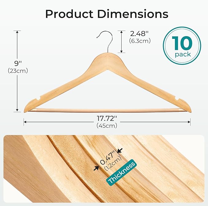 HOUSE DAY Premium Wooden Hangers 10 Pack - Heavy Duty & Durable Coat Hanger | Natural Wood Suit Hangers, 360° Swivel Hook & Pant Bar, Ideal for Jackets, Dresses, Shirts, Perfect for Closet Organization