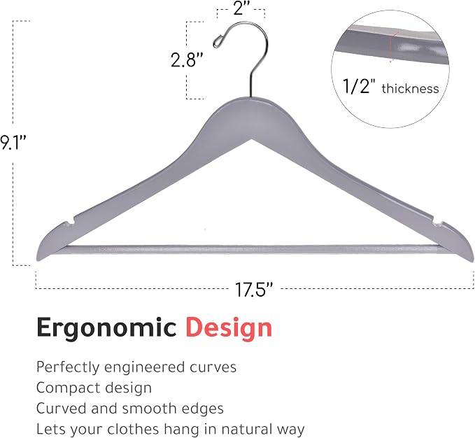 Quality Wooden Hangers - Slightly Curved Hanger Set of 80-Pack - Solid Wood Coat Hangers with Stylish Chrome Hooks - Heavy-Duty Clothes, Jacket, Shirt, Pants, Suit Hangers (Gray, 80)