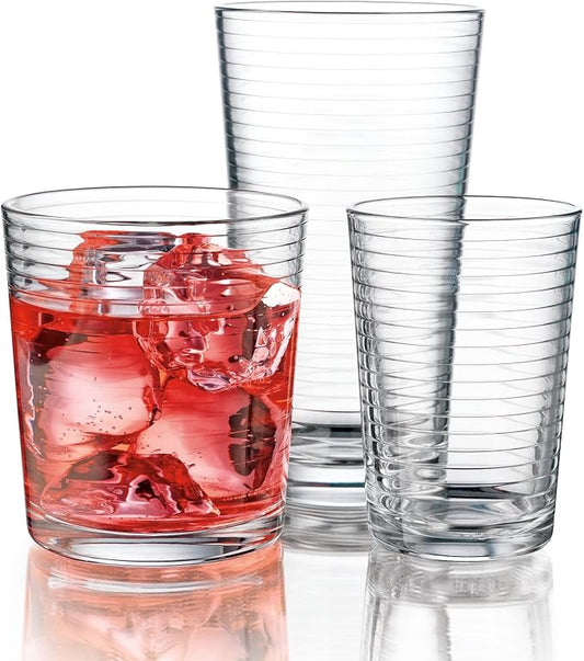 Glaver's Drinking Glasses 24 Piece Glass Set, 8-7 Oz. Highball Glasses, 8-13 Oz. Whiskey Rocks, And 8 7 Oz Juice Glasses. Ideal for Water, Juice, Cocktails, and Iced Tea. Dishwasher safe