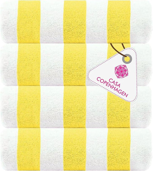 CASA COPENHAGEN Cabana Beach Towel Designed in Denmark Rough and Tough, Quick Dry, Beach, Pool, Bath & Shower 30x60 inches 4 Pieces Cotton Beach Bath Towels Set - Lemon