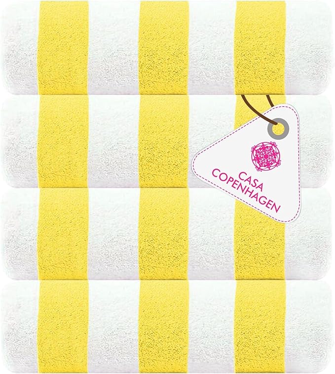 CASA COPENHAGEN Cabana Beach Towel Designed in Denmark Rough and Tough, Quick Dry, Beach, Pool, Bath & Shower 30x60 inches 4 Pieces Cotton Beach Bath Towels Set - Lemon