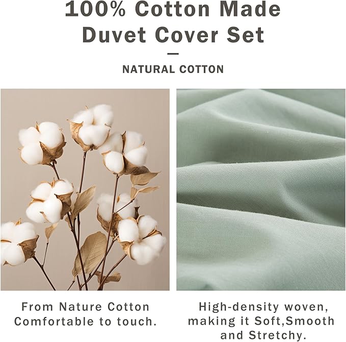 EMME 100% Washed Cotton Duvet Cover Twin Size Sage Green, 2-Piece Soft Comforter Cover Linen Like Bedding Set, No Comforter, 68x90 Inches (Sage Green, Twin)