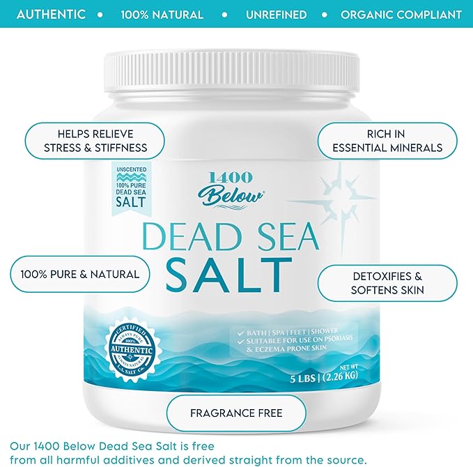LA SALT CO 1400 Below 5 Lbs Jar Dead Sea Salt, Fine Grain - Foot and Spa Bath Soak, Exfoliating Body Scrub, 100% Pure and Mineral-Rich, Highest Mineral Content – Natural Muscle Tension Relief
