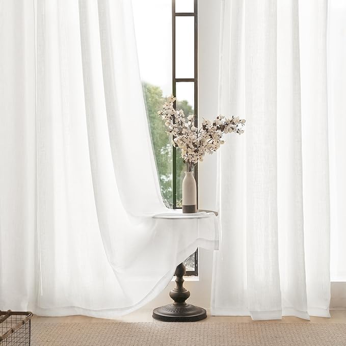 Linen White Curtains 90 inches Long for Bedroom Loop Pocket Privacy Light Filtering Semi Sheer White Boho Farmhouse Curtain Drapes Cotton Textured Modern Elegant Coastal Living Room Decor 42x90