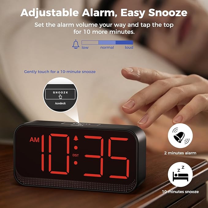 Acedeck Battery Operated Alarm Clock for Bedroom Travel: Cordless Compact Large Display Digital Clock with Auto Dimming - 4 Dimmers Easy to Use for Adults Seniors Red Digits