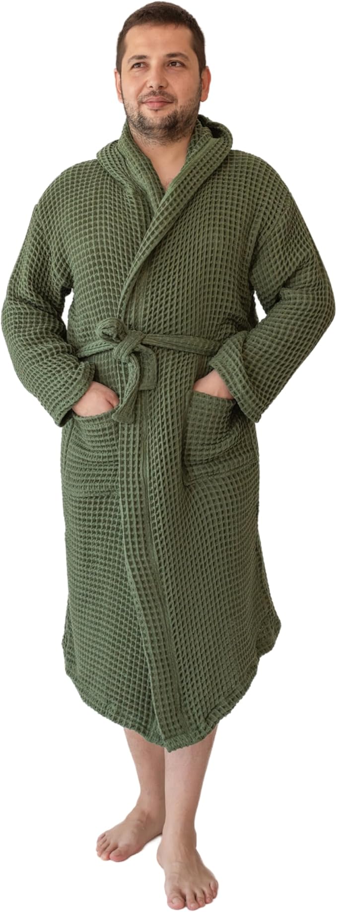 100% Turkish Cotton Men's Waffle Robe with Hooded, Premium Soft Cozy Housecoat or Quick-Dry Bathrobe for Mens