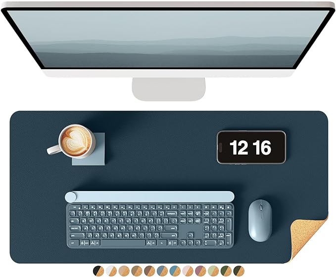 YSAGi Double-Sided Desk Pad, 23.6"x13.7"Leather Desk Mat, Eco Cork Desk Pad Protector,Large Mouse Pad,Waterproof Desk Blotter for Office/Home(Dark Blue)
