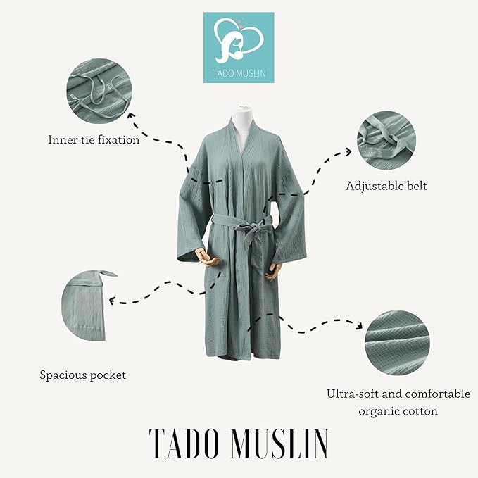 Women's Organic Cotton Bathrobe Long Sleeve Nightgowns Lightweight Waist-Tie Bath Robe for Home Spa Muslin Cotton Beach Wear
