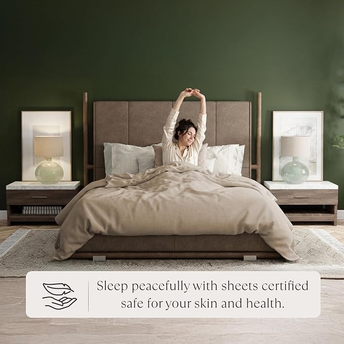 Delilah Home 100% Organic Cotton Queen Flat Sheet Set, GOTS & Vegan.org Verified, Long Stem 300 TC Sateen Bedding, Non-Synthetic, Deep Pocket Fitted Linen, Lightweight, All-Season, 4 Piece Set - Beige