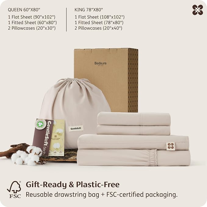 Bedsure 100% GOTS Certified Organic Cotton Sheets, Full Size Sheets, 16" Deep Pocket Bedsheets with Corner Straps, Eco-Friendly, Soft, Breathable & Luxury PureWoven Cotton Hotel Bedding, Linen