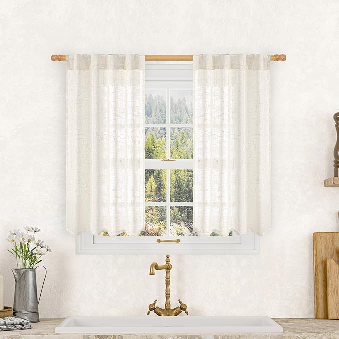 LAMIT Semi Sheer Linen Curtains 40 Inch Length for Cafe, Light Filtering Panels Back Tab and Rod Pocket Neutral Drapes for Bathroom/Kitchen, 25 x 40 Inch, Cream, 2 Panels