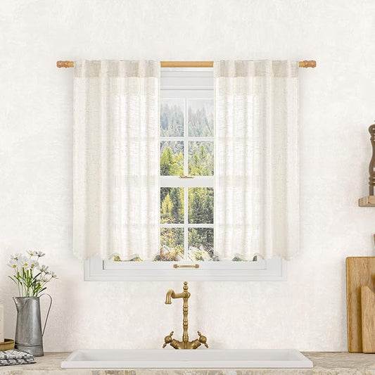 LAMIT Semi Sheer Linen Curtains 40 Inch Length for Cafe, Light Filtering Panels Back Tab and Rod Pocket Neutral Drapes for Bathroom/Kitchen, 25 x 40 Inch, Cream, 2 Panels