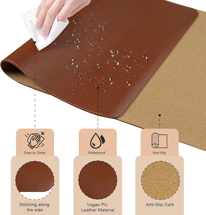 Non Slip Desk Mat, 31.5" x 15.7" PU Leather Desk Pad, Cork Desk Mat for Desktop, Desk Pad for Keyboard and Mouse, Ideal for Office and Home, Brown