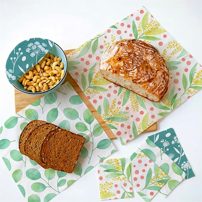 Reusable Beeswax Wraps, 9 Pack Eco-Friendly Food Storage, Organic Cotton, Sustainable, Zero Waste, Plastic-Free, Sandwich, Snack, Bowl Covers, 1XL, 3M, 5S, Botanical Leaves & Flowers
