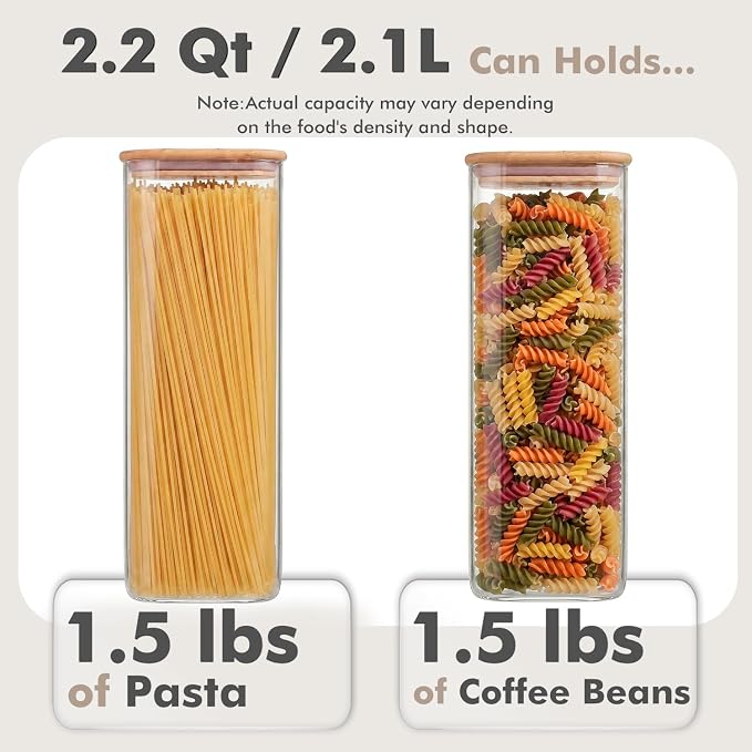3-Pack 2.2Qt Rectangle Glass Spaghetti Jars with Bamboo Lids | Minimalist Kitchen Organizer,Scandinavian Style Storage,Nordic Style Storage,Food Storage Canister for Pasta, Penne, Macaroni
