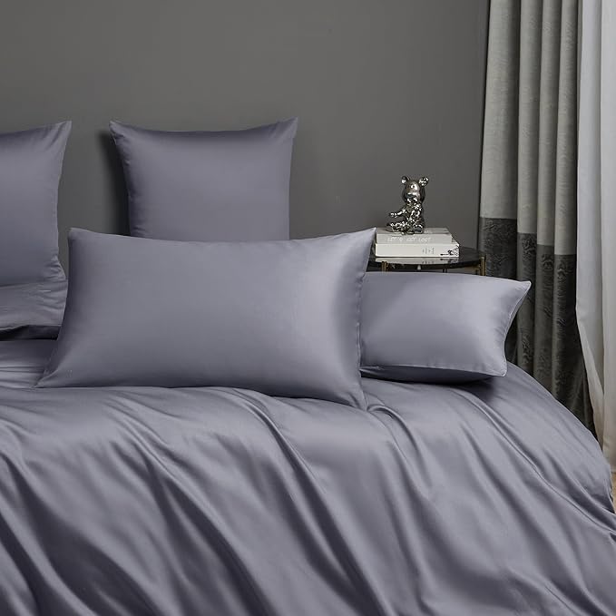 Gray Cotton Duvet Cover Set Queen 100% Long-Staple Cotton Sateen Bedding Set, Soft Breathable Smooth Organic Pure Cotton Plain Comforter Cover, Luxury Minimalist Bedroom Decor for All Season