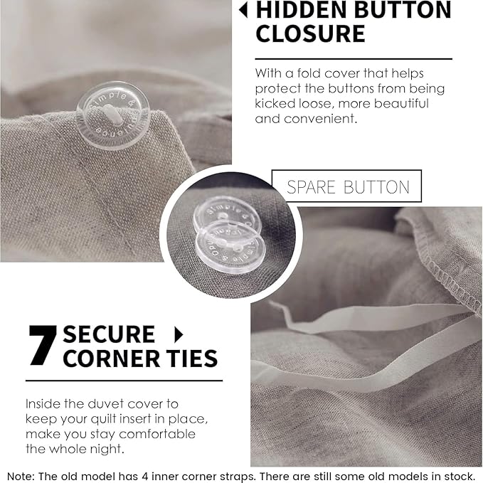 Simple&Opulence 100% Linen Duvet Cover Set 3pcs Basic Style Natural French Washed Flax Solid Color Soft Breathable Farmhouse Bedding with Button Closure - Linen, Full