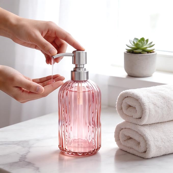 16 OZ Pink Glass Soap Dispenser Glass Soap Dispenser,Clear Pink Stripe Bathroom Hand Soap Dispensers with Stainless Steel Pump, Pink Kitchen Hand Soap Dispenser with Brushed Nickel Pump