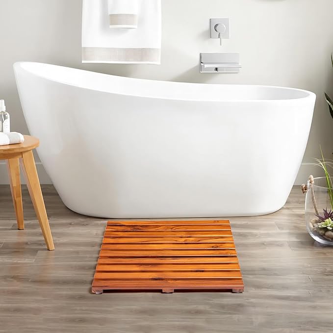 Teak Shower Mat - Premium Non-Slip Bath Mat for Bathtub & Shower, Natural Wooden Bathroom Floor Mat, Spa-Style Fast-Drying Bathtub Tray, Solid Teak Wood (20"x20")
