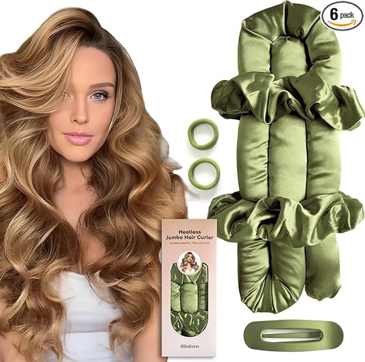 Jumbo Heatless Hair Curler Set-Satin Heatless Curls Overnight, Jumbo Curling Rod Headband, No Heat Curlers To Sleep in (Moss Green)