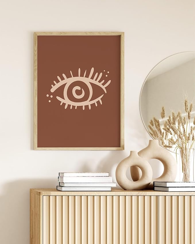 Mystical Evil Eye Wall Art Nazar Protection Symbol Earth Tones Terracotta Mid Century Modern 12x16 Inch Oak Wood Beige Framed Boho Spiritual Decor Print for Home