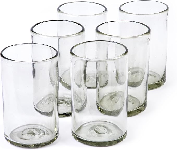 15 oz Hand Blown Mexican Drinking Glasses - Set of 6 tumblers, 15 fl oz each, Clear