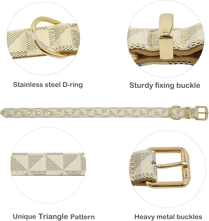 Leather Dog Collar and Leash Set, Check Pattern Dog Collar Leashes Metal Buckle Adjustable Durable for Small Medium Large Dogs (White, M(11.8-15IN))