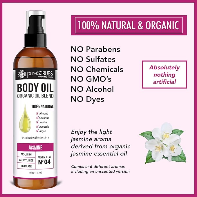 pureSCRUBS Ultra Moisturizing Jasmine Body Oil for Dry Skin, 4 oz | Luxurious After Shower Body Oil for Soft, Silky, Glowing Skin, Non-Greasy, Fast Absorbing & Hydrating Formula with Vitamin E