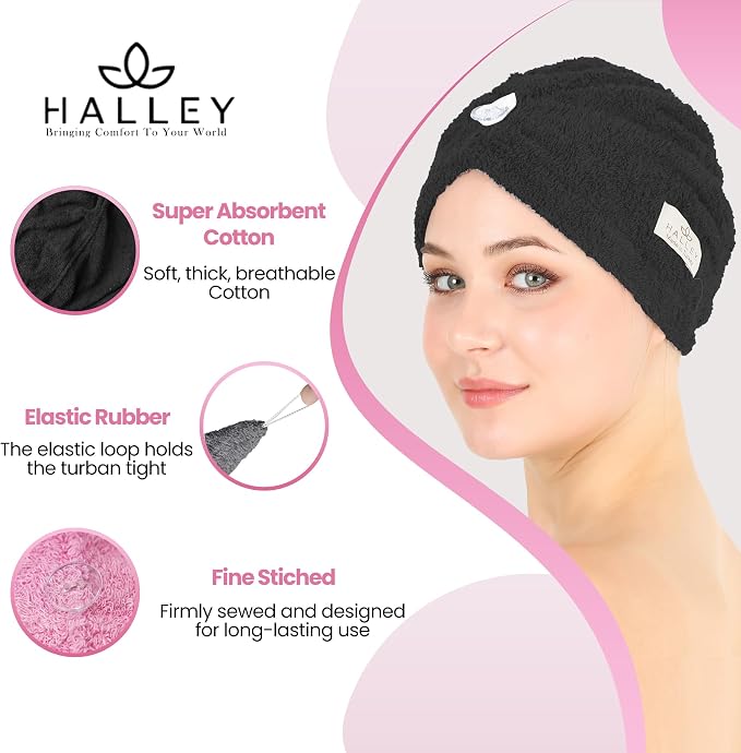 HALLEY Cotton Hair Towel Wrap (3 Packs) Super Absorbent Fast Drying Turbans for Thick, Wet Hair with Button (Black, Grey, Pink)