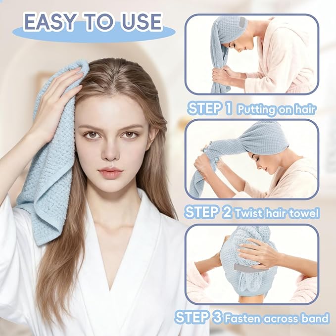 Large Microfiber Hair Towel for Women, Super Soft Absorbent Quick Dry Hair Towel Wrap with Elastic Band, Fast Drying Anti Frizz Hair Turban for Curly Long Thick Wet Hair Care 24''x40'' (Blue)
