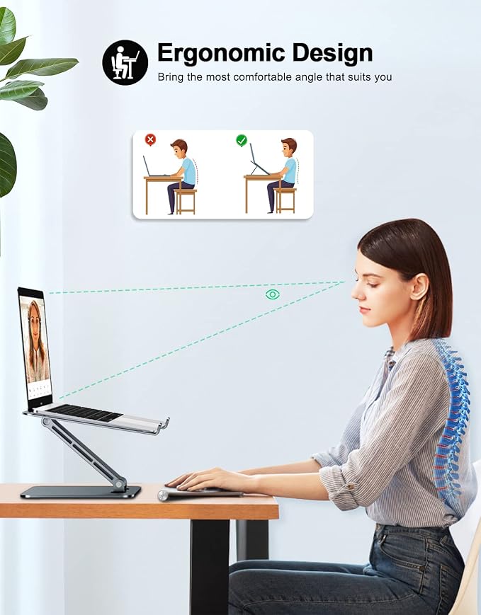 RIWUCT Foldable Aluminum Alloy Laptop Stand for Desk, Height Adjustable Ergonomic Computer Stand, Portable Laptop Riser Holder Printer Stand Compatible with MacBook Pro Air/HP/Dell 10-16", Gray