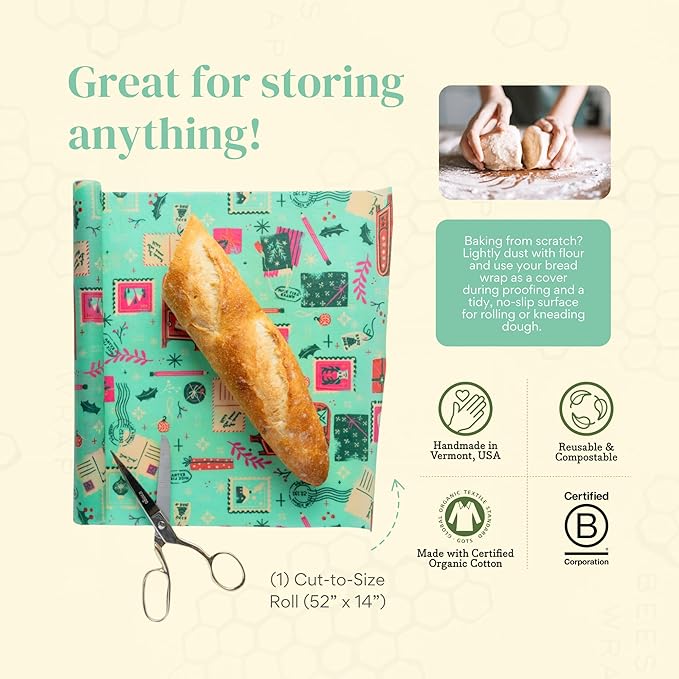 Bee's Wrap Beeswax Wraps for Food - Cut to Size 14x52" Beeswax Wrap Roll - Plastic Free Made in USA Reusable Natural Food Wrap - Seasons Greetings